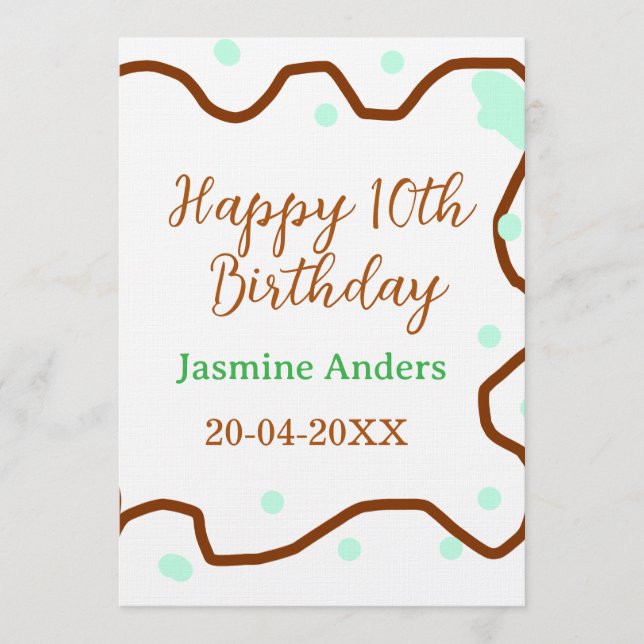 Happy 10th birthday green pastel brown border span einladung (Vorderseite)