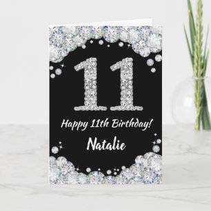 Happy 11. Geburtstagskarte Schwarz/Silber Glitzer  Karte