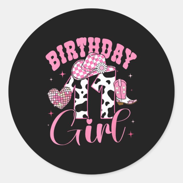 Happy 11th Birthday Girl Outfit Rodeo Western Cowg Runder Aufkleber (Vorderseite)