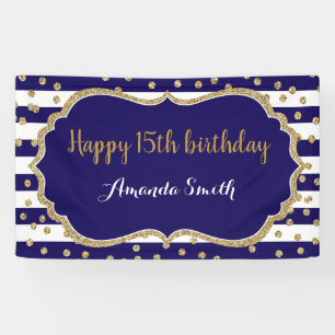 Happy 15. Geburtstag Banner Navy Blue Gold Glitzer