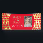 Happy 15th Birthday Banner Red and Gold Photo<br><div class="desc">Happy 15th Birthday Banner for women or man. Red and Gold Birthday Party Banner. Gold Glitter Confetti. Black and White Stripes. Printable Digital. For further customization,  please click the "Customize it" button and use our design tool to modify this template.</div>