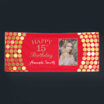 Happy 15th Birthday Banner Red and Gold Photo<br><div class="desc">Happy 15th Birthday Banner for women or man. Red and Gold Birthday Party Banner. Gold Glitter Confetti. Black and White Stripes. Printable Digital. For further customization,  please click the "Customize it" button and use our design tool to modify this template.</div>