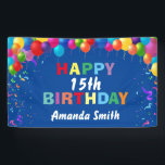 Happy 15th Birthday Colorful Balloons Blue Banner<br><div class="desc">Happy 15th Birthday Colorful Balloons Confetti Blue  Banner. For further customization,  please click the "Customize it" button and use our design tool to modify this template.</div>