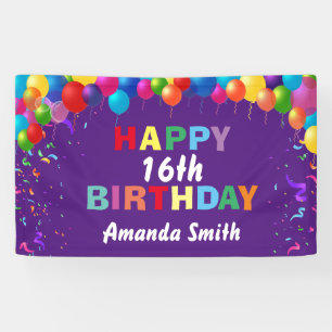 Happy 16. Geburtstag Bunte Balloons Lila Banner