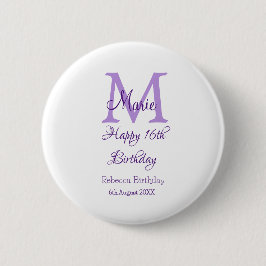 Happy 16. Geburtstag lila Name Monogram hinzufügen Button