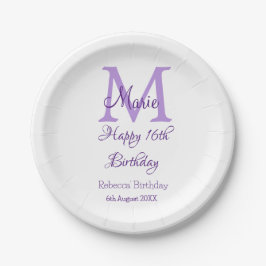 Happy 16. Geburtstag lila Name Monogram hinzufügen Pappteller