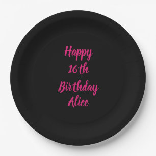Happy 16. Geburtstag Pink Black Individuelle Name  Pappteller