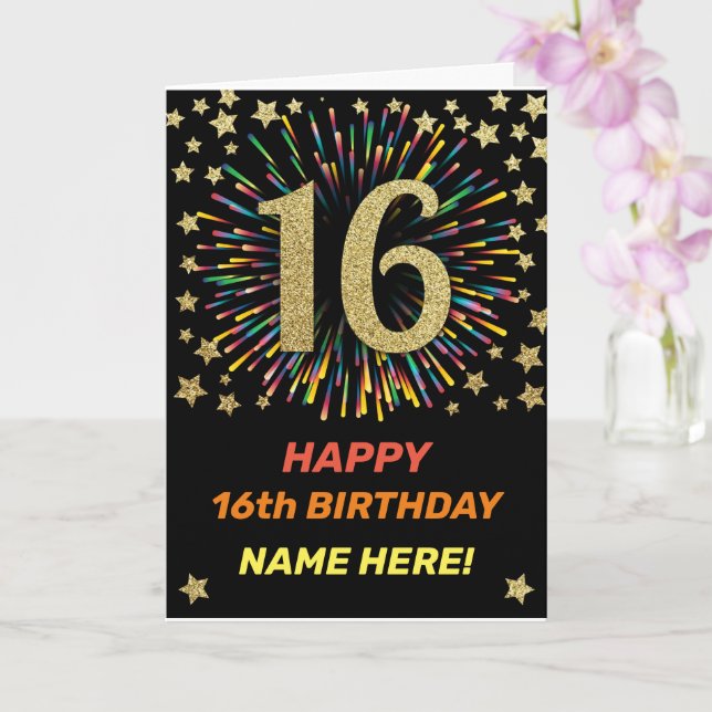 Happy 16th Birthday Black & Gold Rainbow Firework Karte (Orchidee)