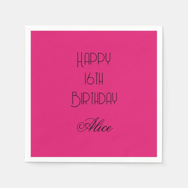 Happy 16th Birthday Pink Black Custom Name 2026 Serviette (Vorderseite)