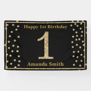 Happy 1. Geburtstag Banner Black and Gold Glitzer