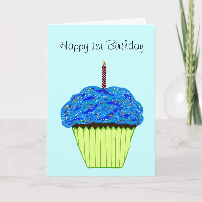 Happy 1. Geburtstag Blue Cupcake Karte (Vorderseite)