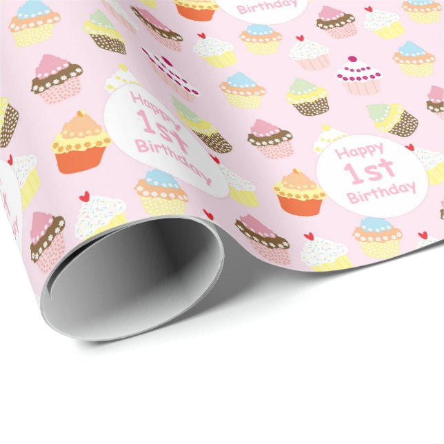 Happy 1. Geburtstag Cupcake Pink Geschenkwrake Geschenkpapier (Rolleneckpunkt)