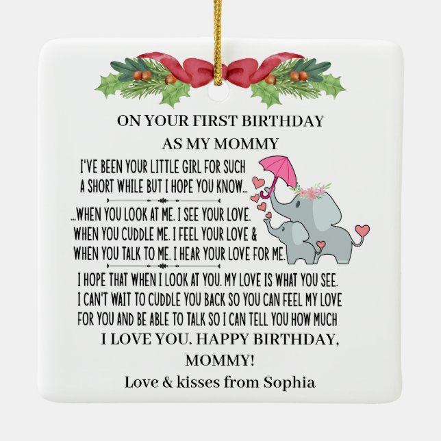 Happy 1st Birthday as my Mommy With Baby elephant Keramikornament (Rückseite)