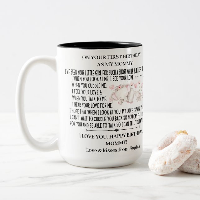 Happy 1st Birthday as my Mommy With Baby elephant Zweifarbige Tasse (Mit Donut)