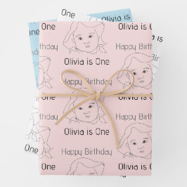 Happy 1st Birthday Custom Baby Face Portrait Geschenkpapier Set