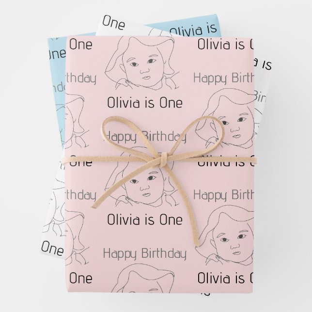 Happy 1st Birthday Custom Baby Face Portrait Geschenkpapier Set (Beispiel)