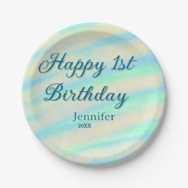 Happy 1st birthday kids baby blue green pastel ret pappteller