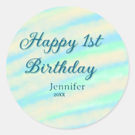 Happy 1st birthday kids baby blue green pastel ret runder aufkleber