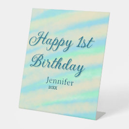 Happy 1st birthday kids baby blue green pastel ret sockelschild
