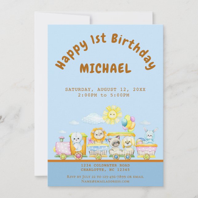 Happy 1st Birthday Train Birthday Party Invitation Einladung (Vorderseite)