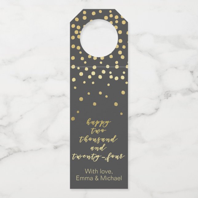 Happy 2024 - Gold Script & Gold Glitzern Flaschenanhänger (Vorderseite)