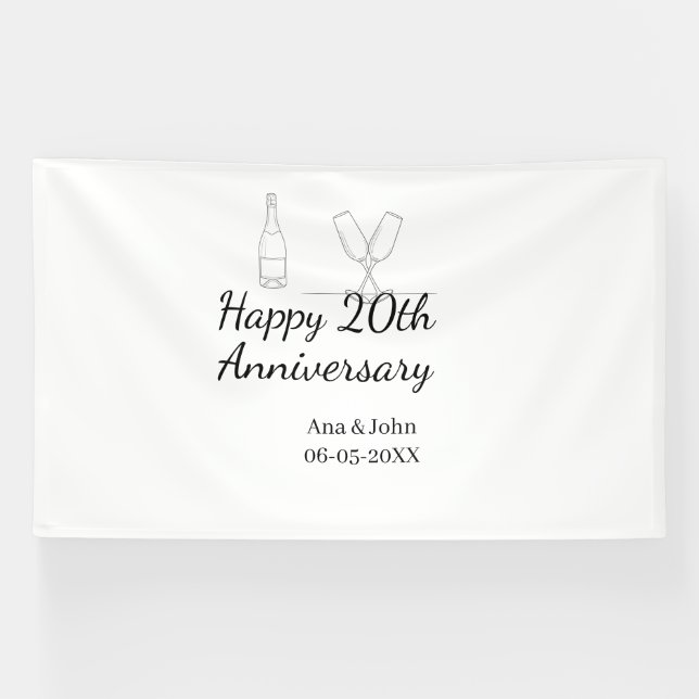 Happy 20th anniversary champagne bottle glass name banner (Horizontal)