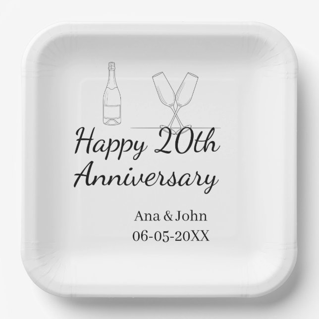 Happy 20th anniversary champagne bottle glass name pappteller (Vorderseite)
