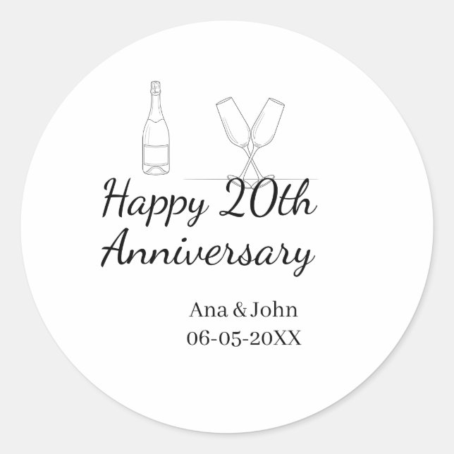 Happy 20th anniversary champagne bottle glass name runder aufkleber (Vorderseite)