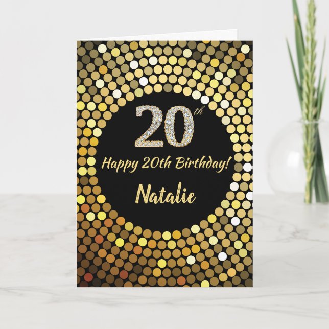 Happy 20th Birthday Black and Gold Glitter Card Karte (Vorderseite)