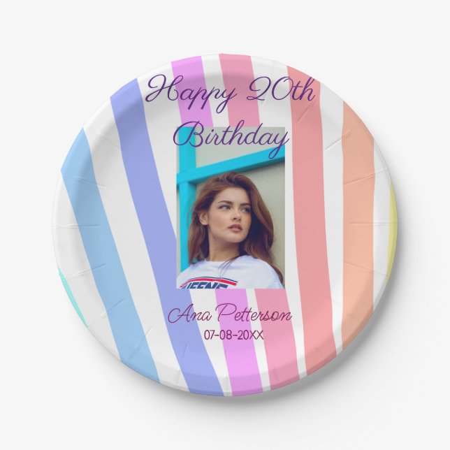 Happy 20th Birthday rainbow rustic boho lines phot Pappteller (Vorderseite)
