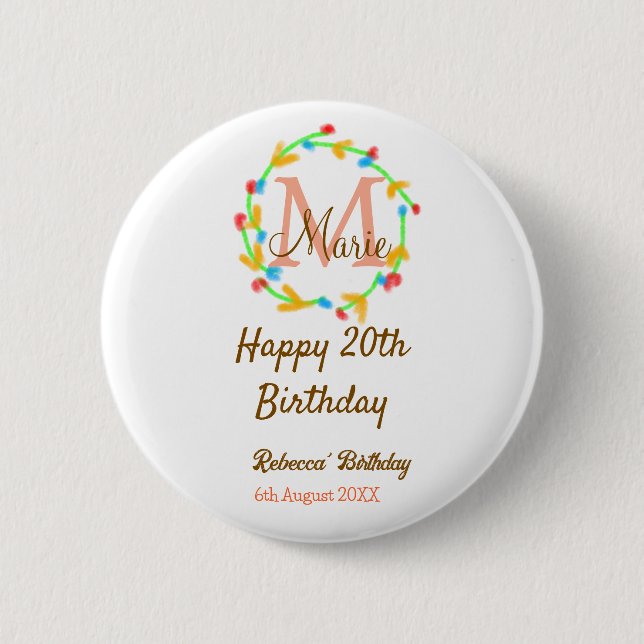 Happy 20th Birthday red add name monogram wreath Button (Vorderseite)