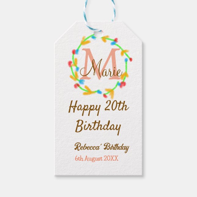 Happy 20th Birthday red add name monogram wreath Geschenkanhänger (Vorderseite)