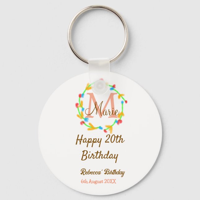 Happy 20th Birthday red add name monogram wreath Schlüsselanhänger (Vorderseite)
