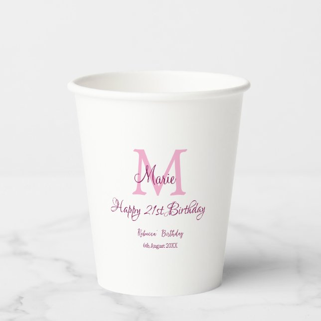 Happy 21. Geburtstag pink hinzufügen Name monogram Pappbecher (Vorderseite)