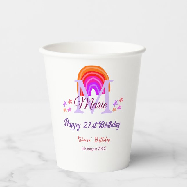 Happy 21. Geburtstag pink hinzufügen Name monogram Pappbecher (Vorderseite)