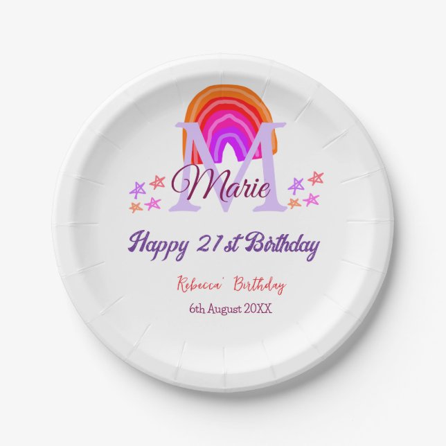 Happy 21. Geburtstag pink hinzufügen Name monogram Pappteller (Vorderseite)