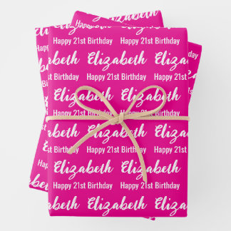 Happy 21. Geburtstag Script Name Hot Pink und Whit Geschenkpapier Set