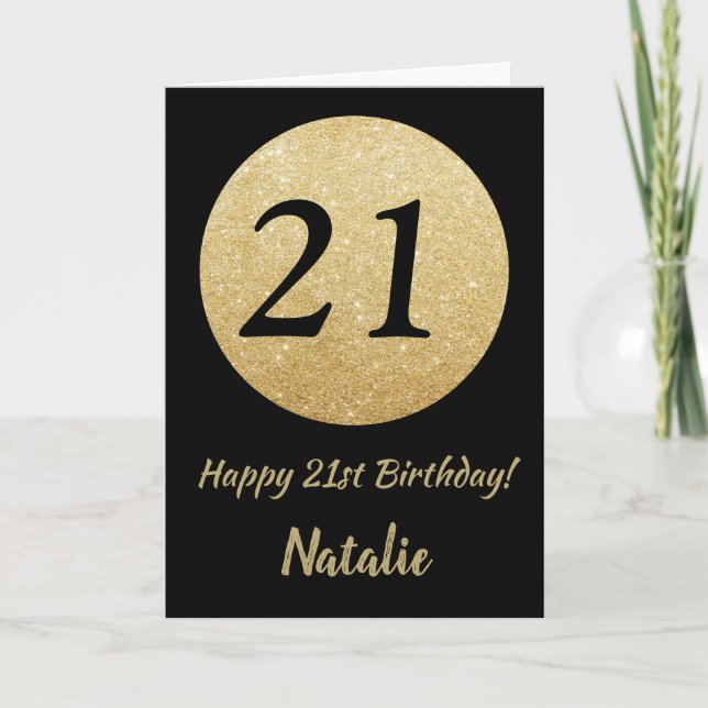 Happy 21st Birthday Black and Gold Glitter Card Karte (Vorderseite)