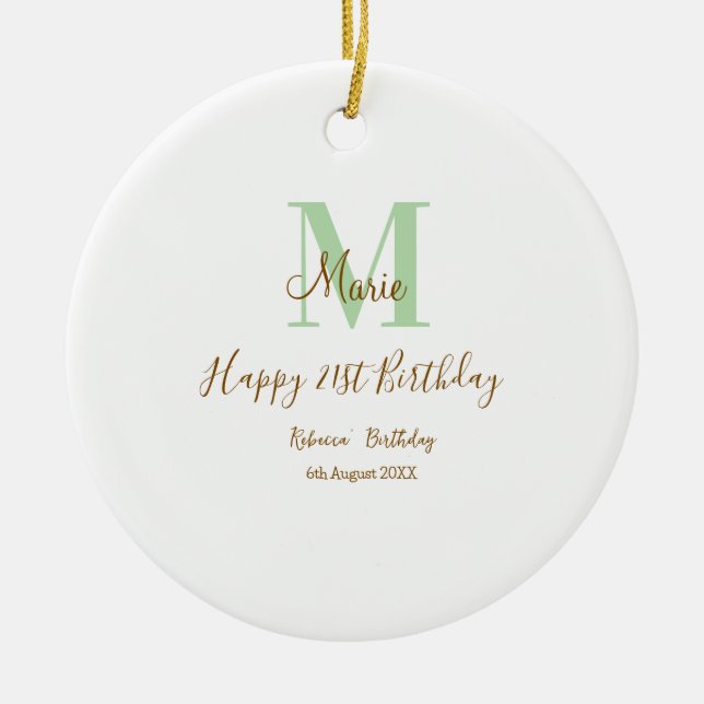 Happy 21st Birthday green add name monogram brown  Keramik Ornament (Vorne)