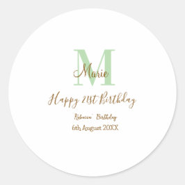 Happy 21st Birthday green add name monogram brown Runder Aufkleber