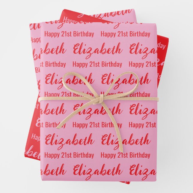 Happy 21st Birthday Name Light Pink and Red Geschenkpapier Set (Beispiel)