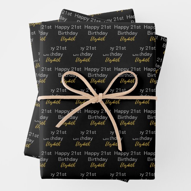 Happy 21st Birthday Script Name Black White Gold Geschenkpapier Set (Beispiel)