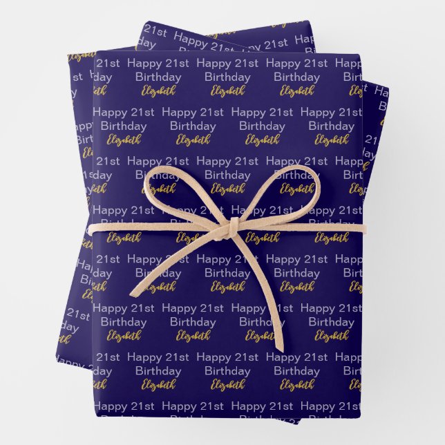 Happy 21st Birthday Script Name Dark Blue Gold Geschenkpapier Set (Beispiel)