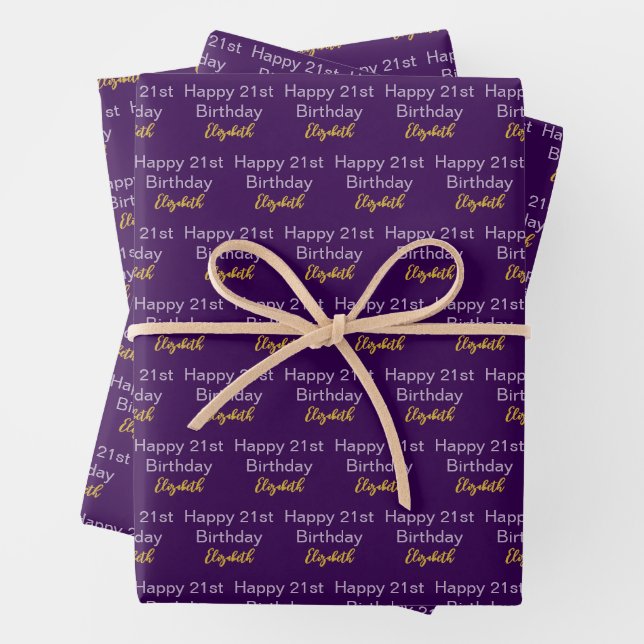 Happy 21st Birthday Script Name Dark Purple Gold Geschenkpapier Set (Beispiel)
