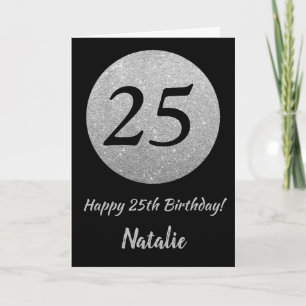 Happy 25. Geburtstagskarte Schwarz/Silber Glitzer  Karte