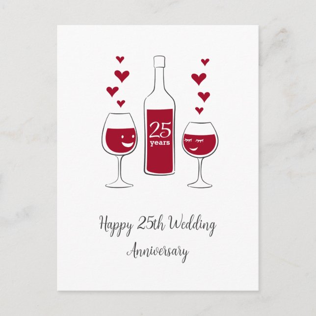 Happy 25. Wedding Anniversary Red Wine Heart Card Postkarte (Vorderseite)