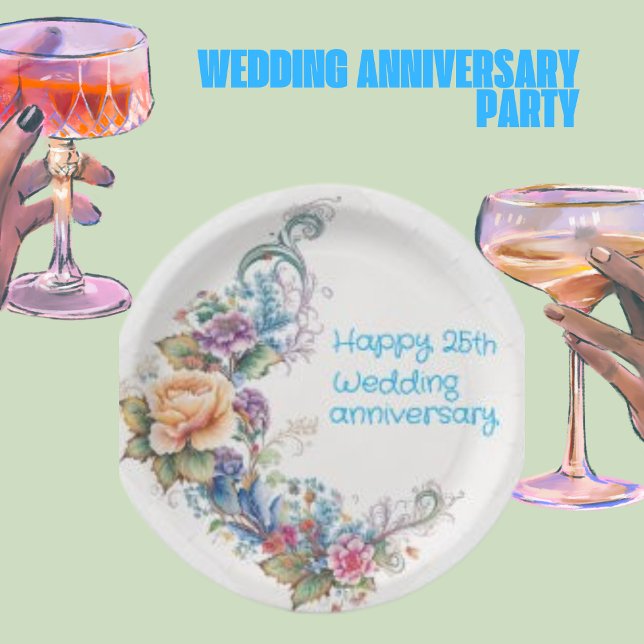 Happy 25. Wedding Script, Yellow Pink Wreath Pappteller (Von Creator hochgeladen)