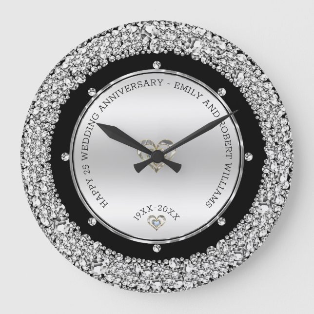 Happy 25th wedding universally diamonds and silver große wanduhr (Vorderseite)