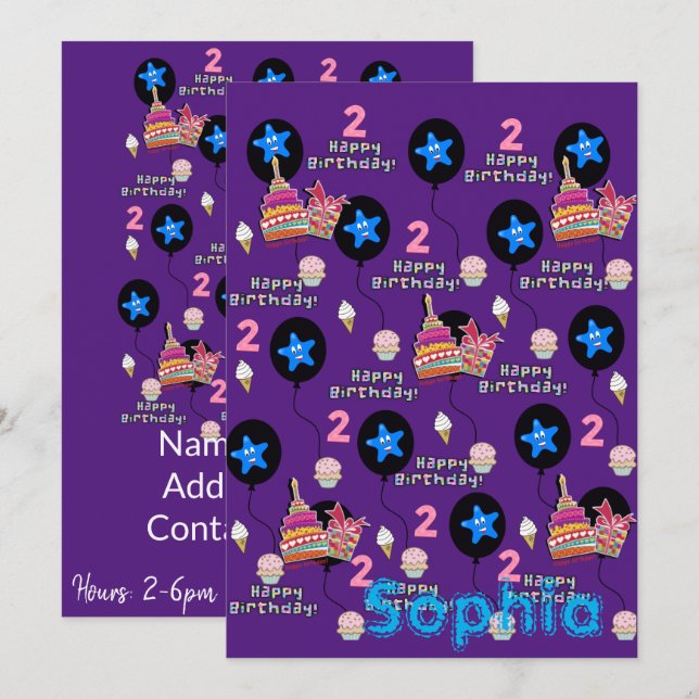 Happy 2. Geburtstag Einladung #2 Lila (Vorne/Hinten)