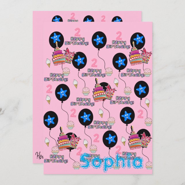 Happy 2. Geburtstag Einladung #2 Pink (Vorne/Hinten)